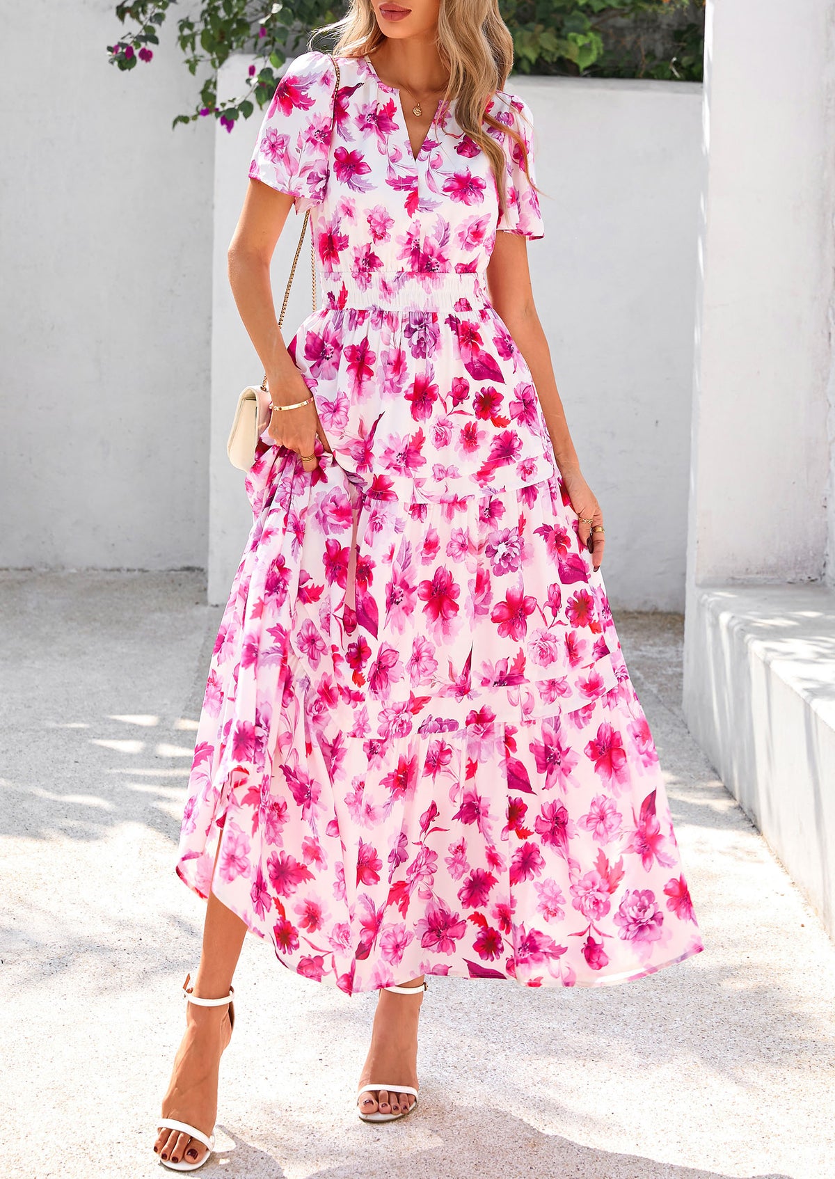 Summer Boho Floral Short Sleeve V Neck A Line Tiered Ruffle Flowy Long Beach Vacation Maxi Dresses