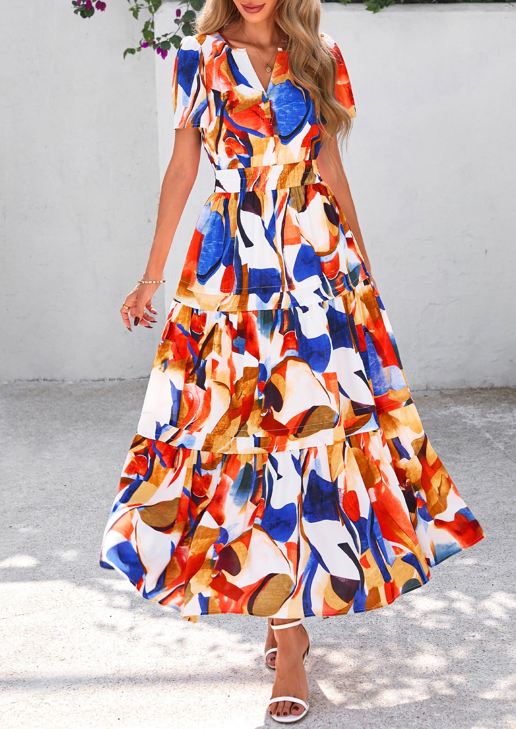 PRETTYGARDEN Women's Boho Maxi Dresses Floral Short Sleeve V Neck A Line Tiered Flowy Long Beach Vacation Dress