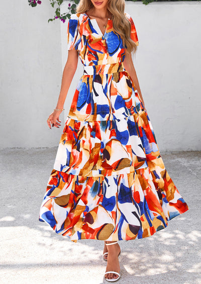 PRETTYGARDEN Women's Boho Maxi Dresses Floral Short Sleeve V Neck A Line Tiered Flowy Long Beach Vacation Dress