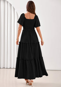 PRETTYGARDEN Summer Dresses for Women Boho Swiss Dot Smocked Square Neck Short Sleeve Spring Wedding Guest Maxi Dress PRETTYGARDEN