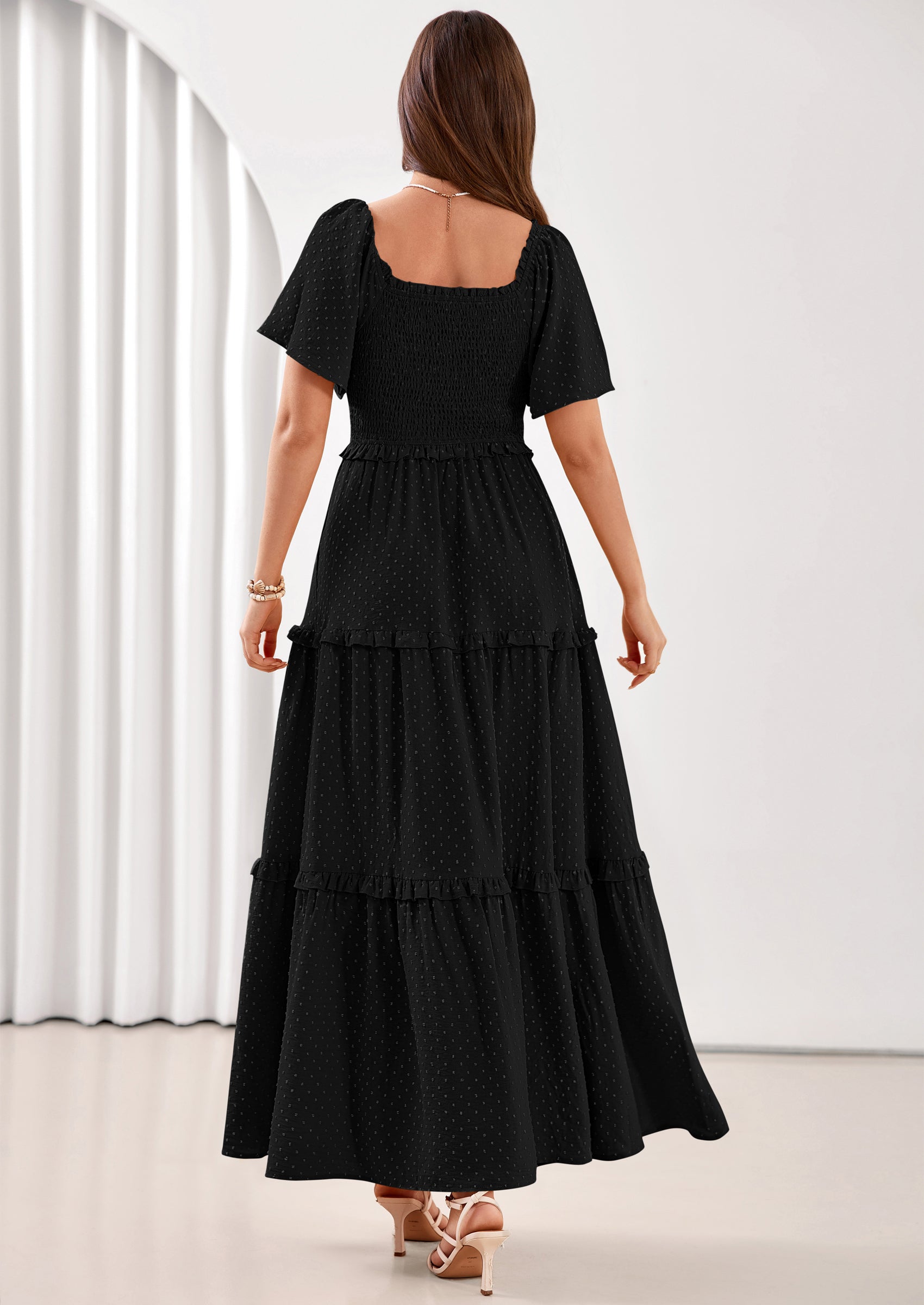 PRETTYGARDEN Summer Dresses for Women Boho Swiss Dot Smocked Square Neck Short Sleeve Spring Wedding Guest Maxi Dress PRETTYGARDEN