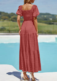 PRETTYGARDEN Womens Summer Puff Short Sleeve Maxi Dress Square Neck Smocked Tiered Ruffle A Line Long Flowy Beach Dresses