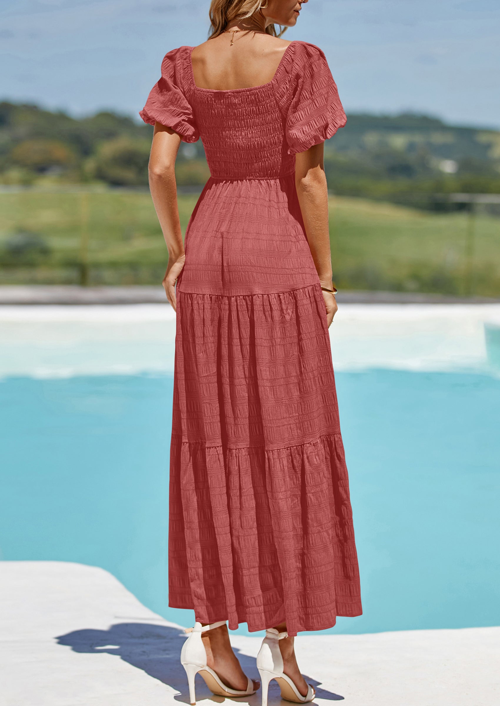 PRETTYGARDEN Womens Summer Puff Short Sleeve Maxi Dress Square Neck Smocked Tiered Ruffle A Line Long Flowy Beach Dresses