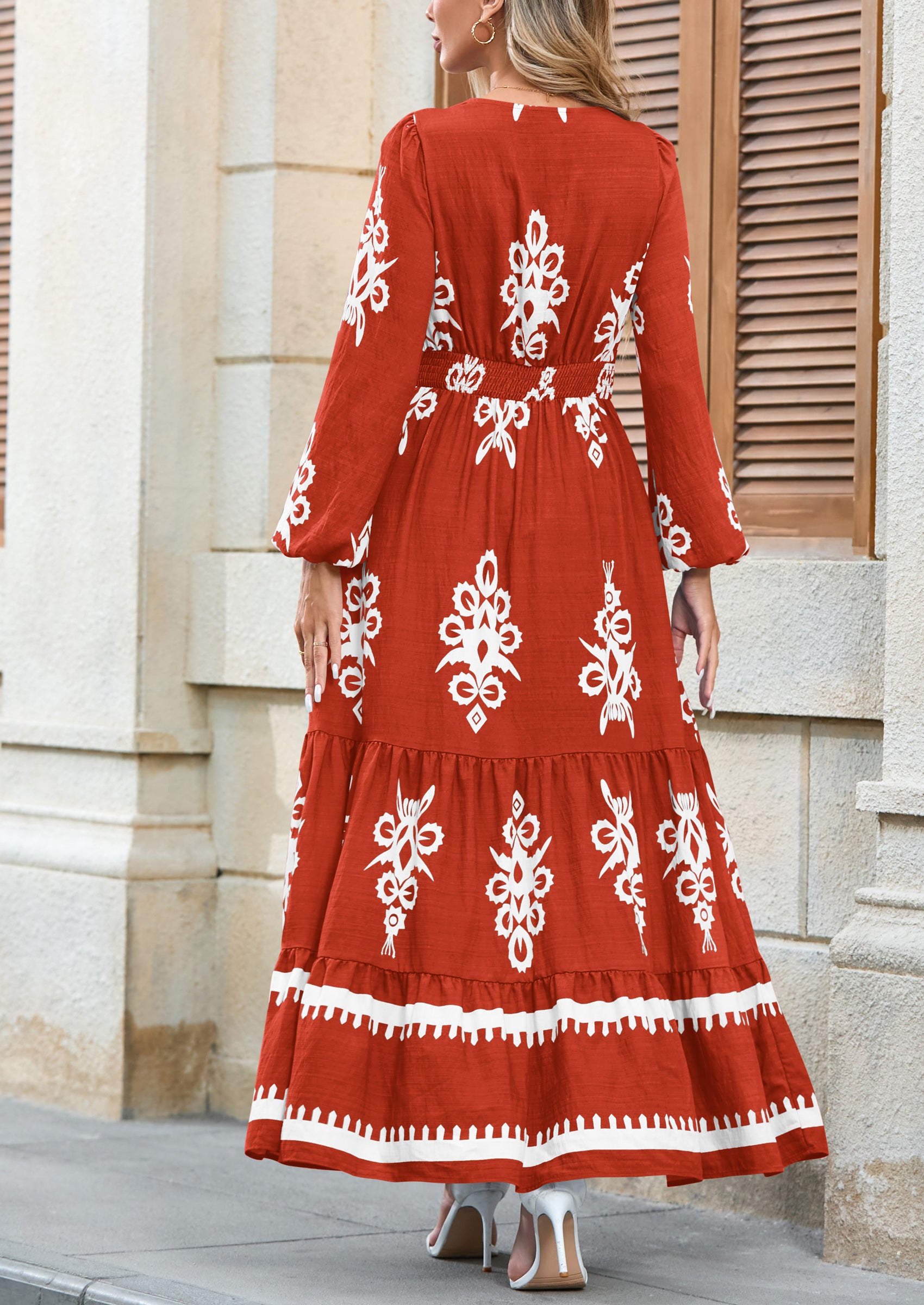 PRETTYGARDEN Women's Fall Wedding Guest Dresses Boho Floral Long Sleeve V Neck Flowy Elegant Maxi Dress Beach Clothes