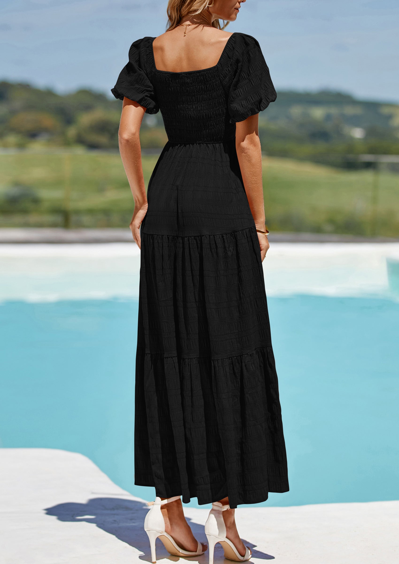 PRETTYGARDEN Womens Summer Puff Short Sleeve Maxi Dress Square Neck Smocked Tiered Ruffle A Line Long Flowy Beach Dresses