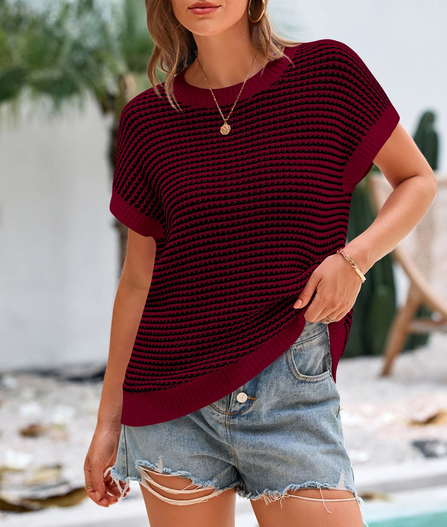 Womens Short Sleeve Sweater Spring Summer 2025 Round Neck Striped Pullover Cap Sleeve Knit Sweater Vest Tops