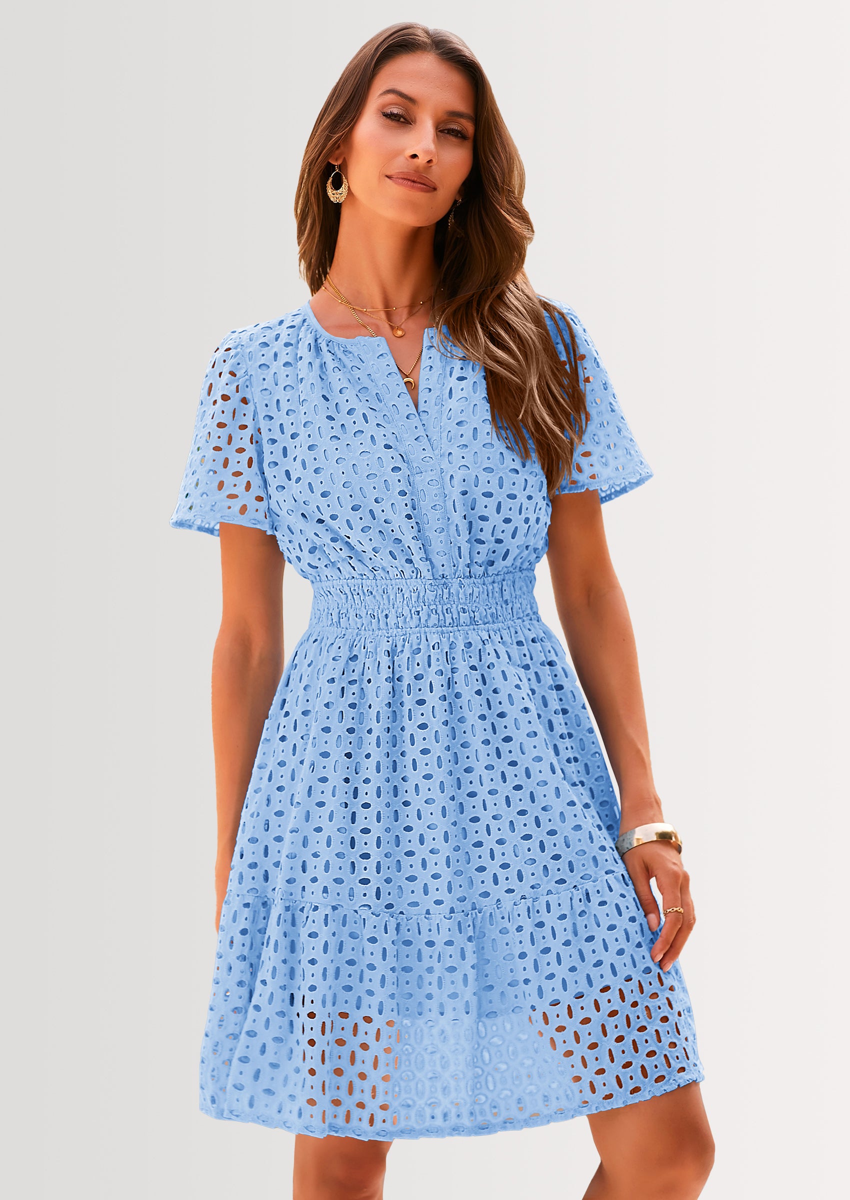 PRETTYGARDEN Women Summer Short Dress V Neck Short Sleeve A Line Hollow Out Lace Ruffle Cute Casual Beach Party Dresses