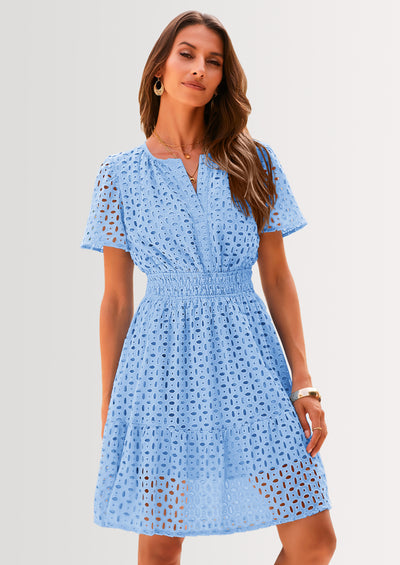PRETTYGARDEN Women Summer Short Dress V Neck Short Sleeve A Line Hollow Out Lace Ruffle Cute Casual Beach Party Dresses