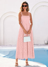 PRETTYGARDEN Womens Sleeveless Maxi Summer Dresses Hollow Out Eyelet Square Neck Ruffle Flowy Beach Vacation Sundress PRETTYGARDEN