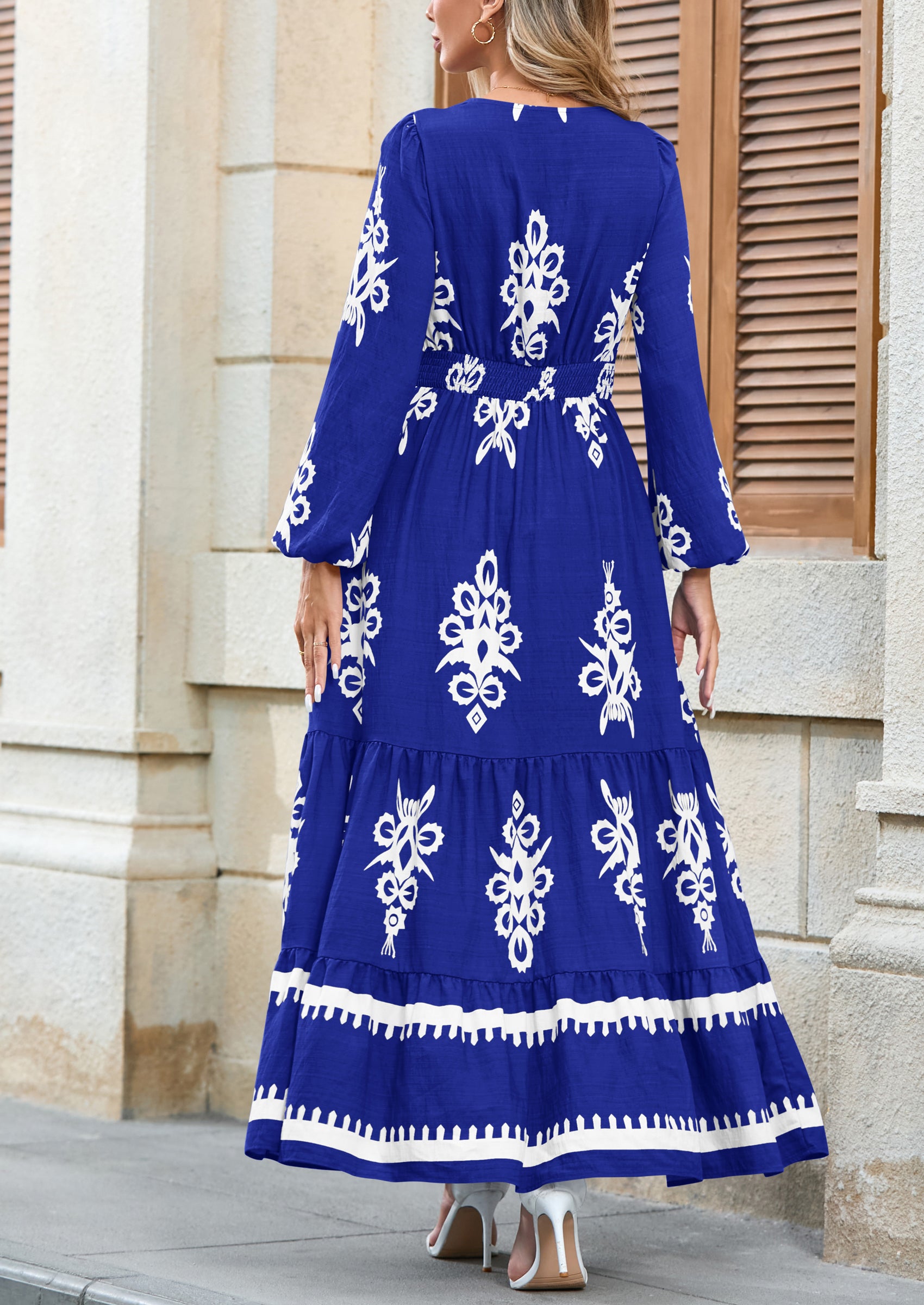 PRETTYGARDEN Women's Fall Wedding Guest Dresses Boho Floral Long Sleeve V Neck Flowy Elegant Maxi Dress Beach Clothes