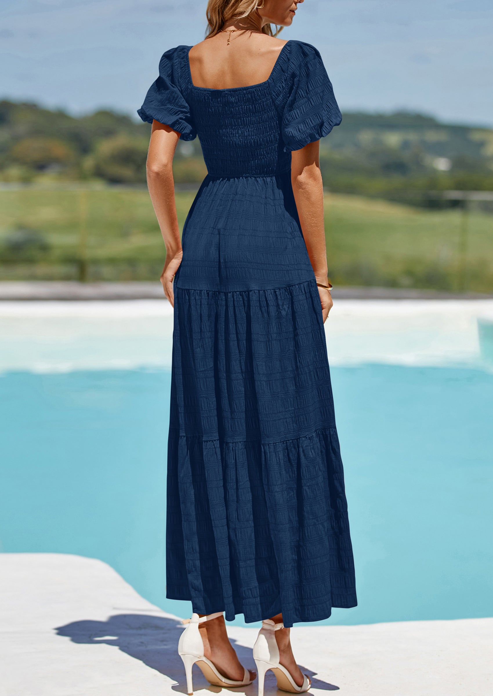 PRETTYGARDEN Womens Summer Puff Short Sleeve Maxi Dress Square Neck Smocked Tiered Ruffle A Line Long Flowy Beach Dresses