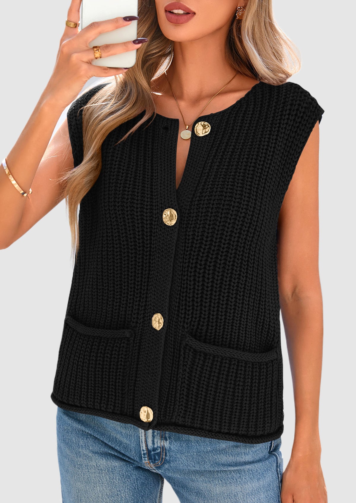 Sleeveless Button Down Cropped Chunky Knit Cardigan Trendy Tank Tops with Pockets