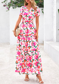 Summer Boho Floral Short Sleeve V Neck A Line Tiered Ruffle Flowy Long Beach Vacation Maxi Dresses