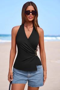 PRETTYGARDEN Womens Halter Top Spring Tie Wrap Sleeveless Ruched V Neck Fitted Summer Tops Backless Fashion Y2k Clothes PRETTYGARDEN