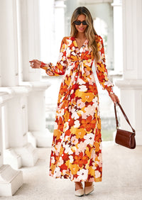 PRETTYGARDEN Women's Fall Boho Maxi Dress Floral Long Sleeve V Neck Flowy Belted Elegant Holiday Party Dresses