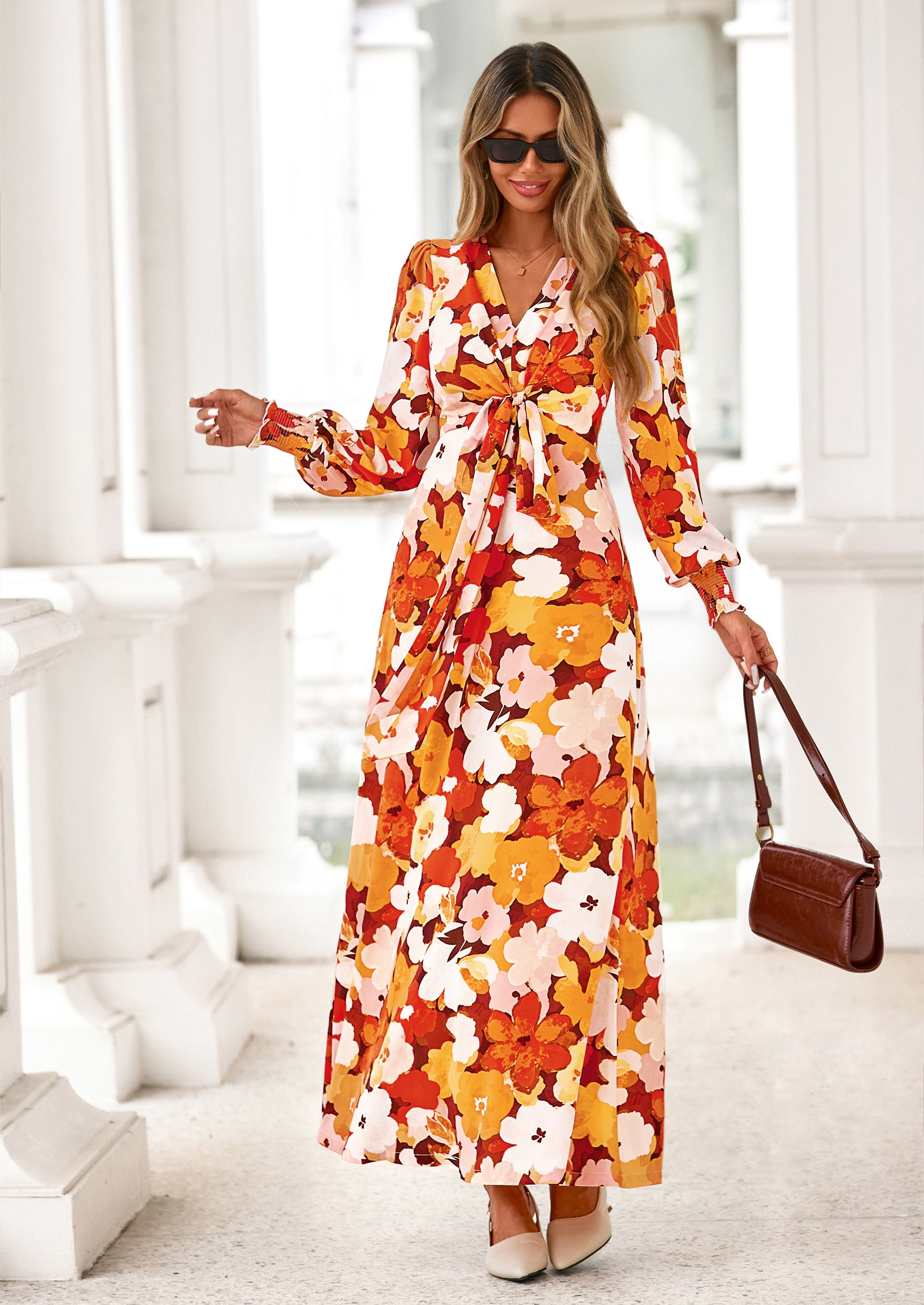 PRETTYGARDEN Women's Fall Boho Maxi Dress Floral Long Sleeve V Neck Flowy Belted Elegant Holiday Party Dresses