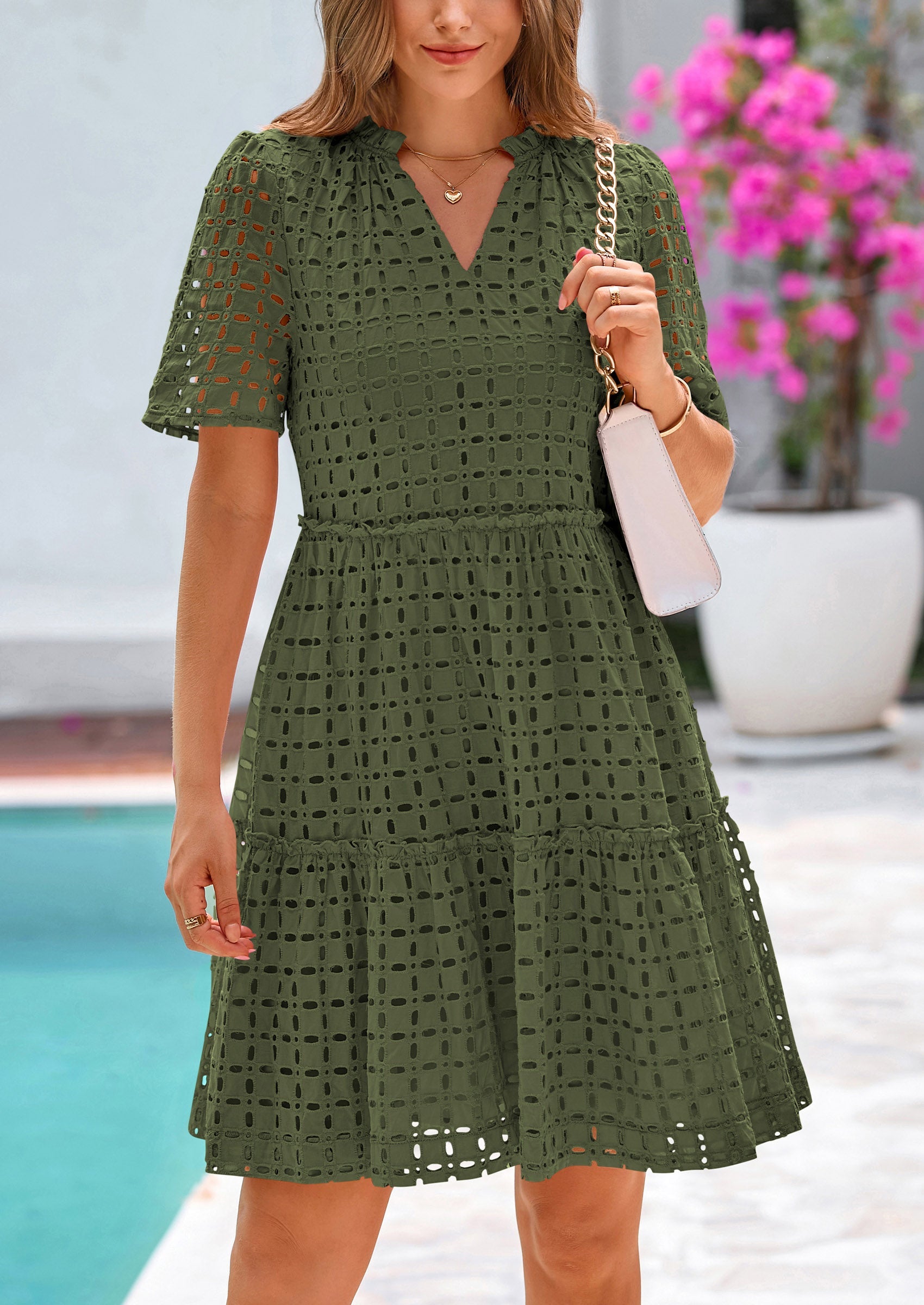 PRETTYGARDEN Women's Short Sleeve Mini Dress Summer V Neck Hollow Out PRETTYGARDEN Women's Short Sleeve Mini Dress Summer V Neck Hollow Out