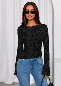 PRETTYGARDEN Women Long Sleeve Floral Mesh Tops Blouse  Fall Trendy Boat Neck Ruched Fitted Shirt Going Out Date Outfits