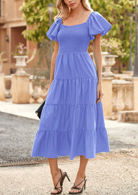 PRETTYGARDEN Women's Summer Casual Midi Dress Puffy Short Sleeve Square Neck Smocked Tiered Ruffle Dresses