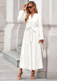 PRETTYGARDEN Fall Dresses for Women Long Sleeve V Neck Belted Ruffle A Line Flowy Boho Maxi Wedding Guest Dress Pockets