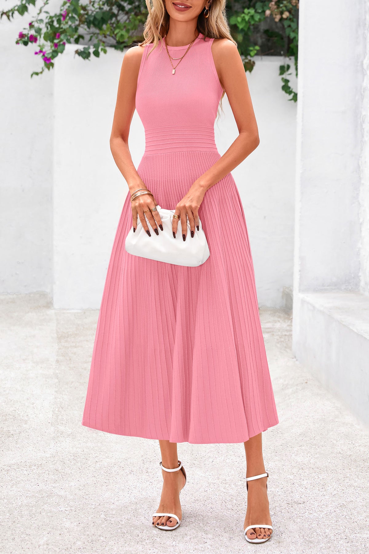 Women's Summer Midi Dresses 2025 Sleeveless Crewneck Knit A Line Pleated Swing Wedding Guest Casual Tank Dress