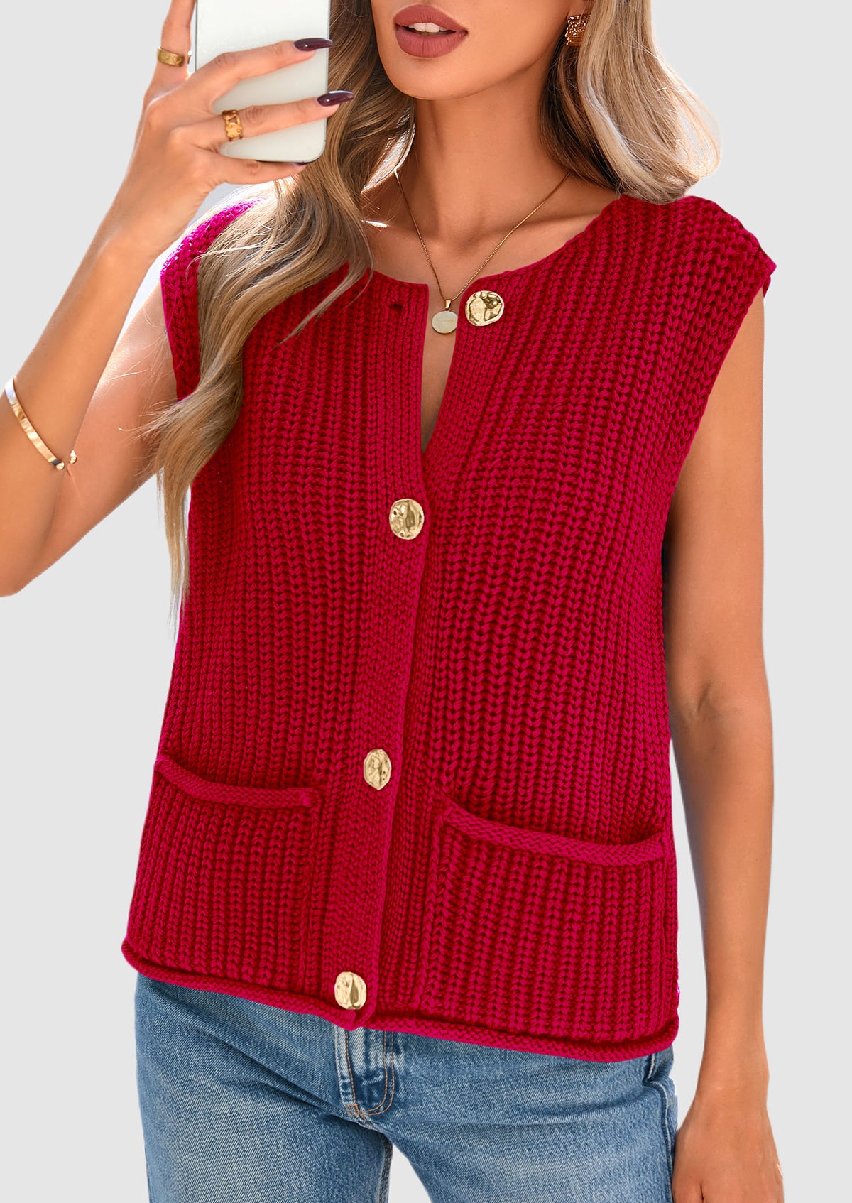 Sleeveless Button Down Cropped Chunky Knit Cardigan Trendy Tank Tops with Pockets