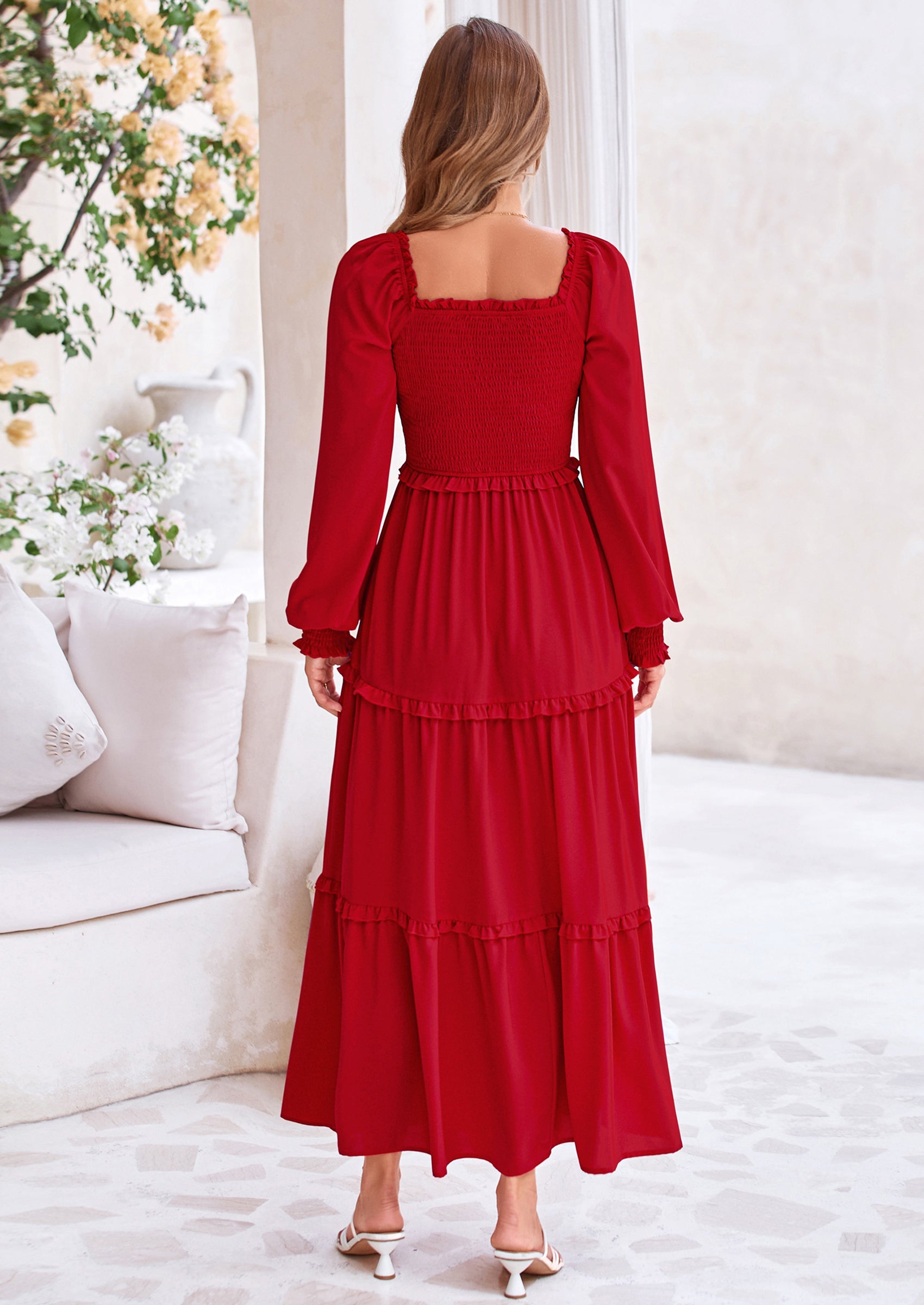 PRETTYGARDEN Fall Wedding Guest Dresses for Women Long Sleeve Square Neck Tiered A Line Modest Elegant Flowy Dresses