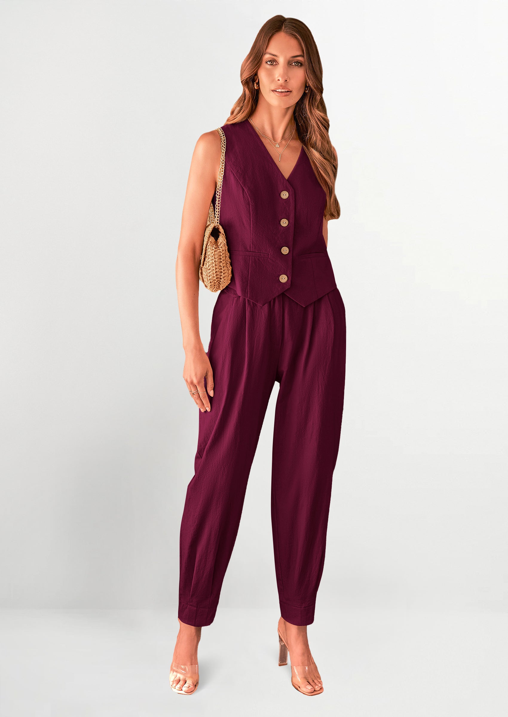 PRETTYGARDEN Two Piece V Neck Button Front Cropped Tank Tops Vest Pockets Pants Cotton Sets