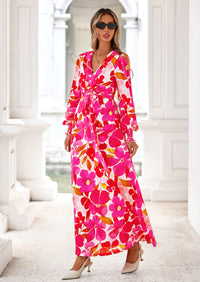 PRETTYGARDEN Women's Fall Boho Maxi Dress Floral Long Sleeve V Neck Flowy Belted Elegant Holiday Party Dresses