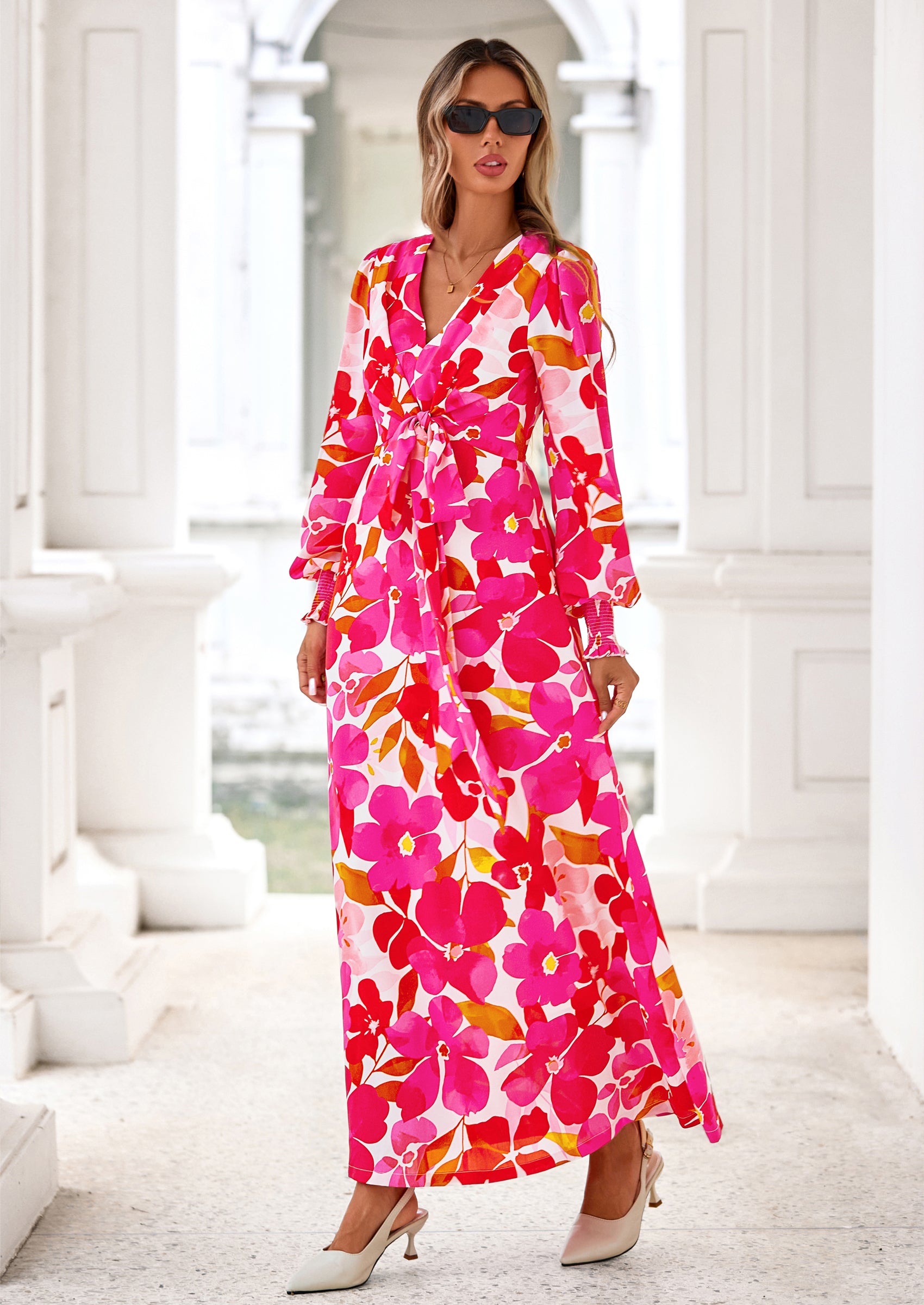 PRETTYGARDEN Women's Fall Boho Maxi Dress Floral Long Sleeve V Neck Flowy Belted Elegant Holiday Party Dresses