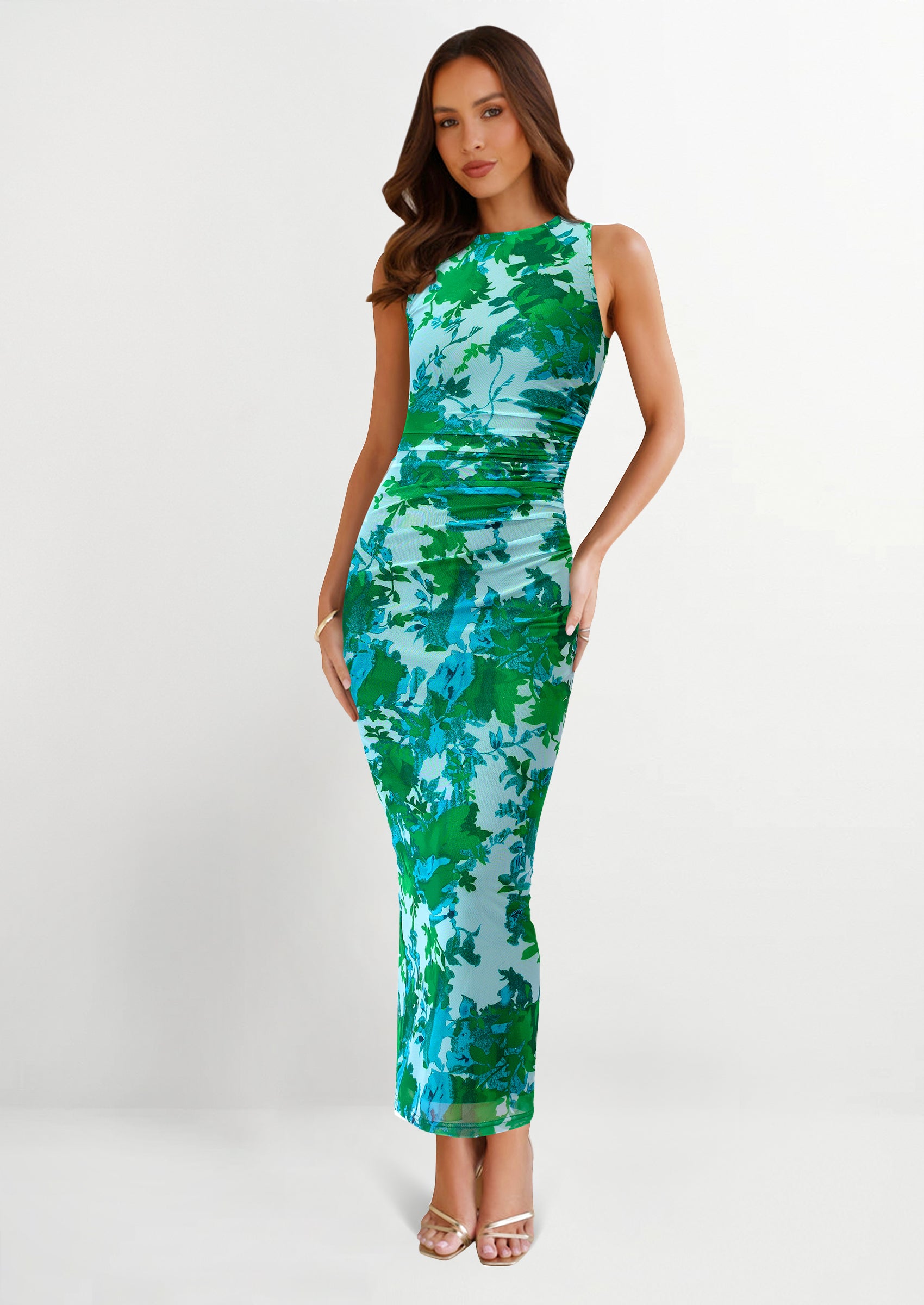 PRETTYGARDEN Wedding Guest Dresses for Women Spring Floral Bodycon Sleeveless Mesh Maxi Long Dress