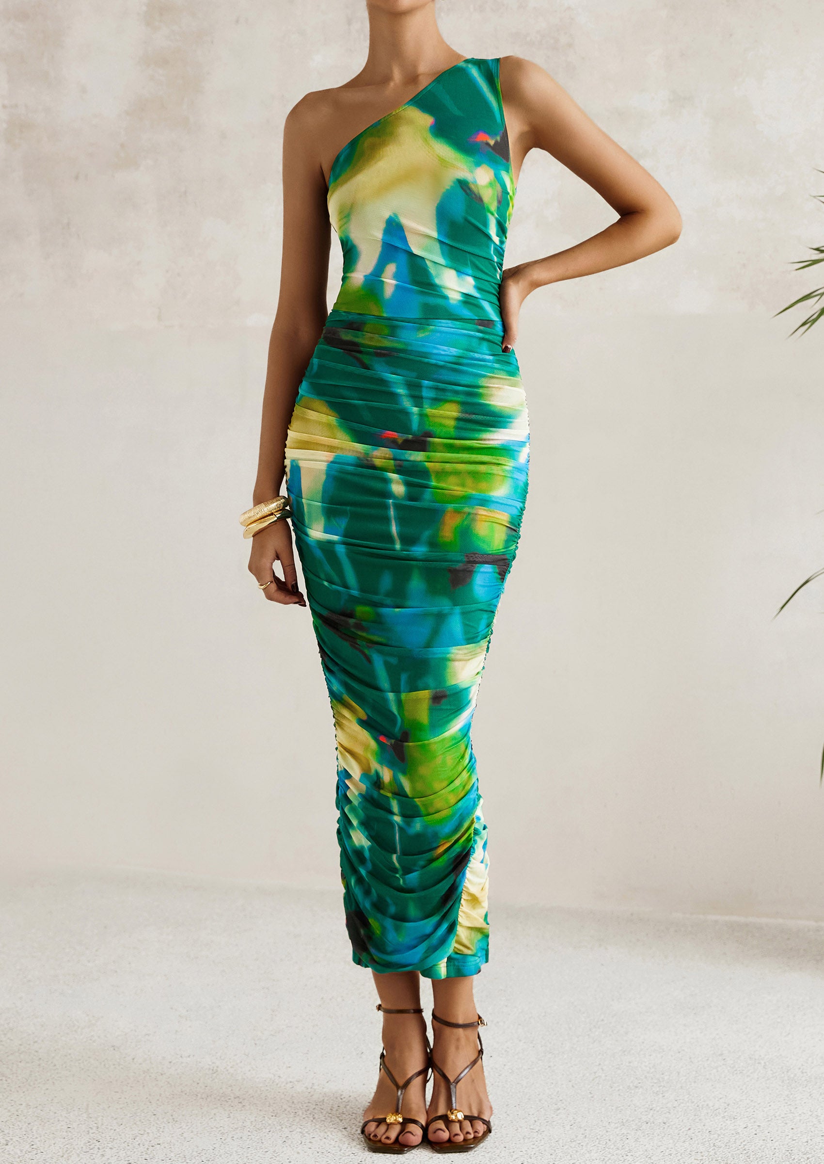 PRETTYGARDEN Women's One Shoulder Bodycon Dresses Ruched Floral Beach Cocktail Wedding Guest Dress