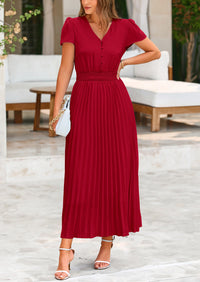 Women's Summer Maxi Dresses 2025 Trendy Casual Button V Neck Ruffle Cap Sleeve Long Flowy Pleated Dress