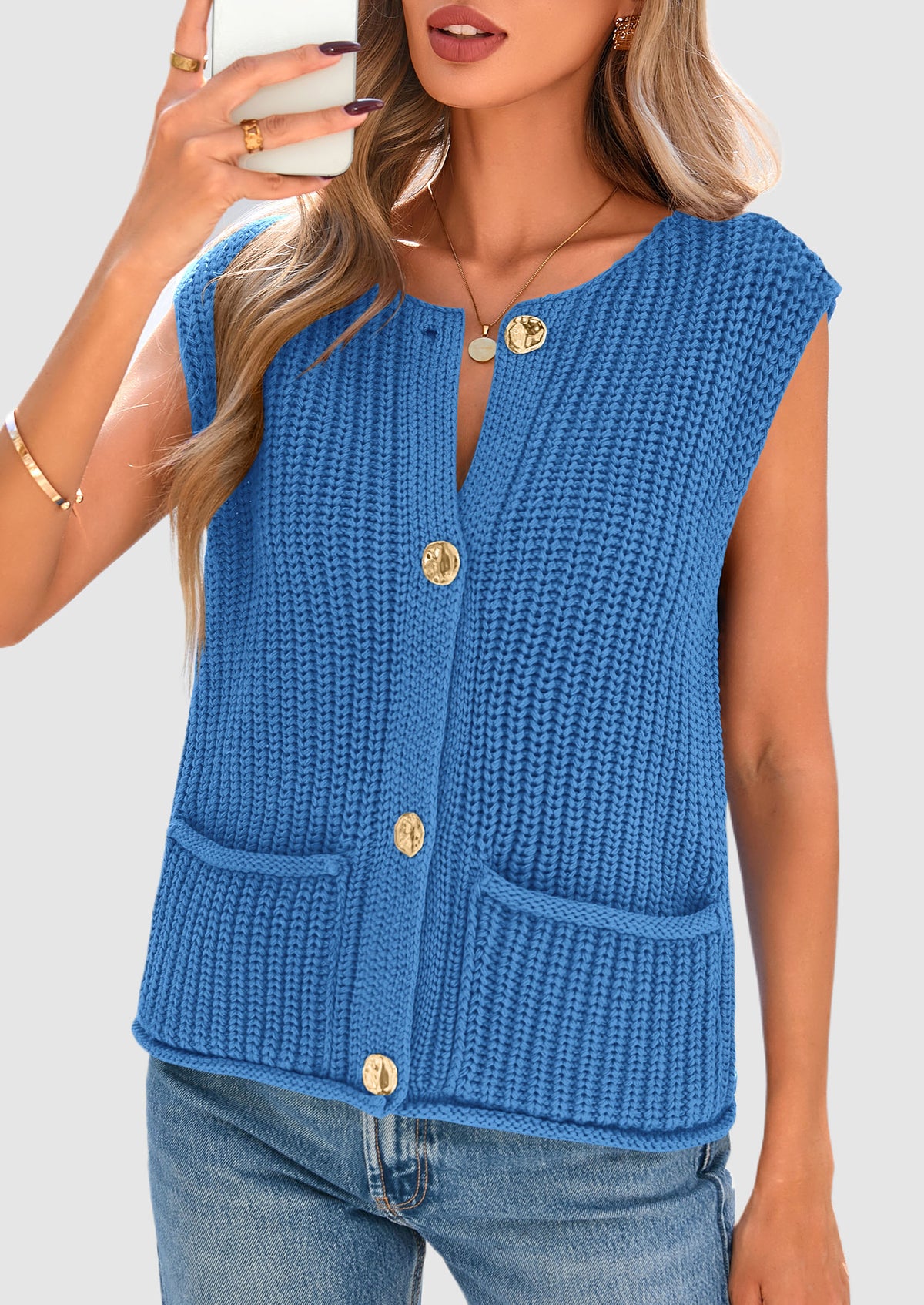 Sleeveless Button Down Cropped Chunky Knit Cardigan Trendy Tank Tops with Pockets