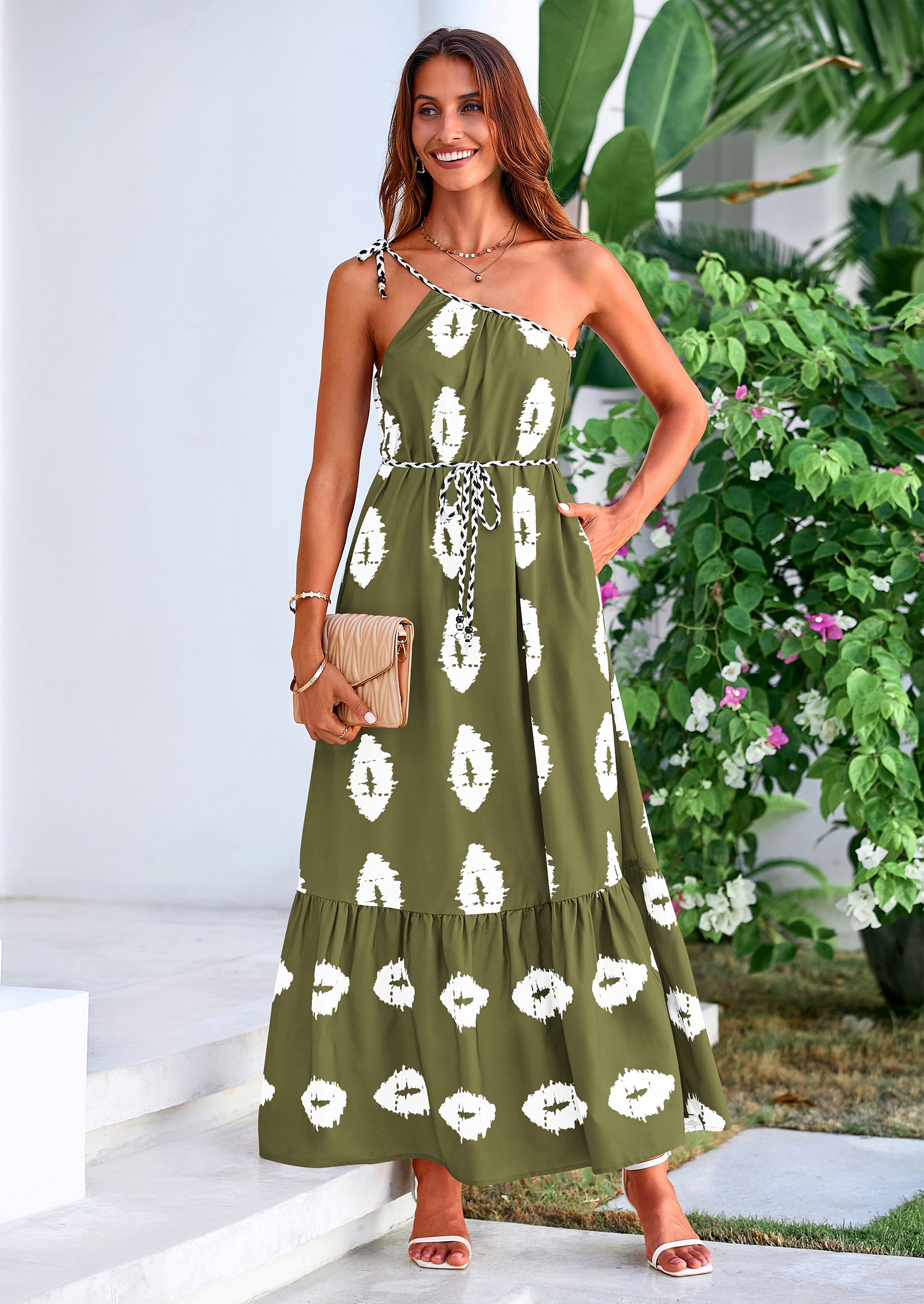 PRETTYGARDEN Women's Summer Maxi Dresses One Shoulder Printed Flowy Boho Beach Vacation Long Sundress