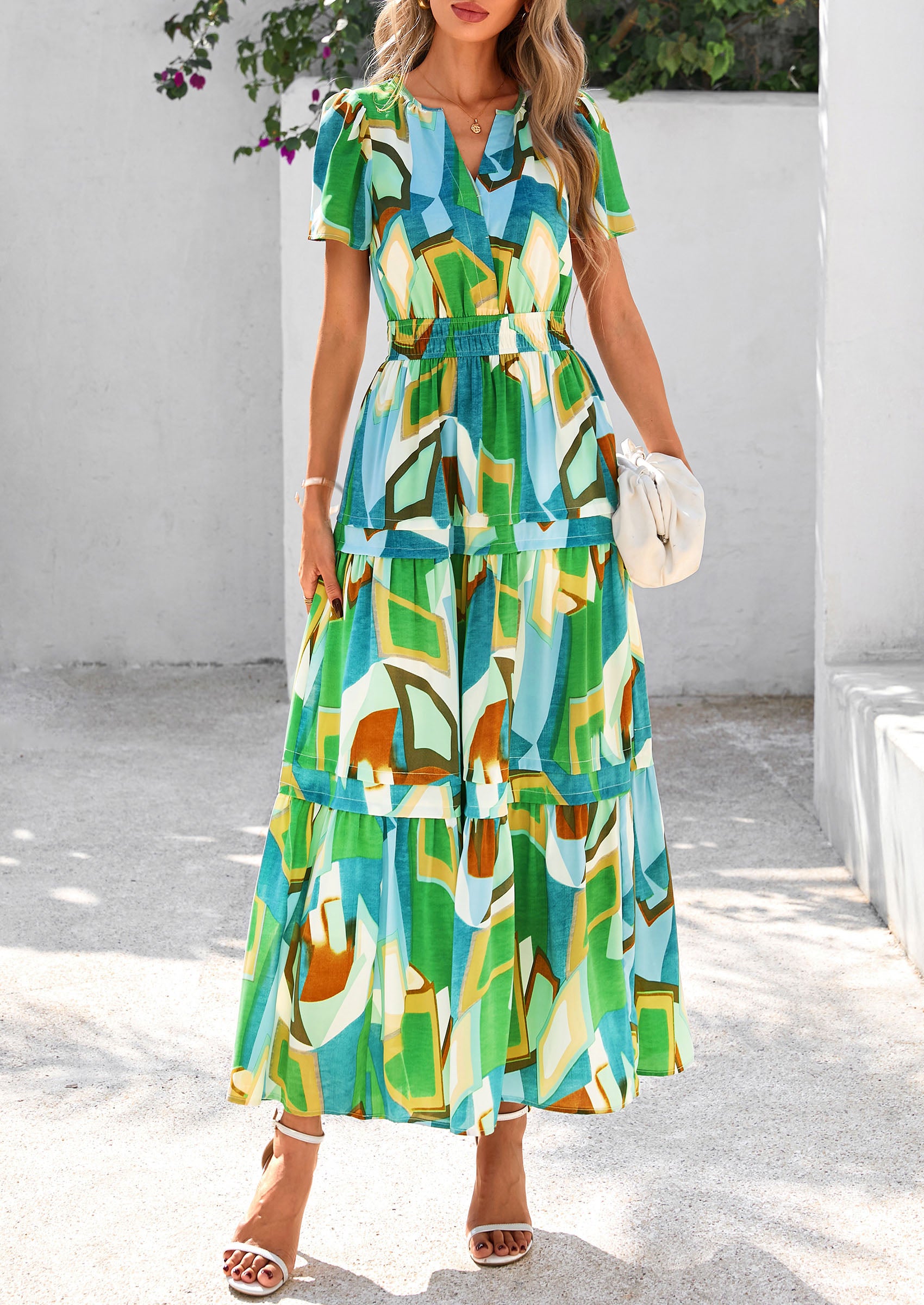 PRETTYGARDEN Women's Boho Maxi Dresses Floral Short Sleeve V Neck A Line Tiered Flowy Long Beach Vacation Dress