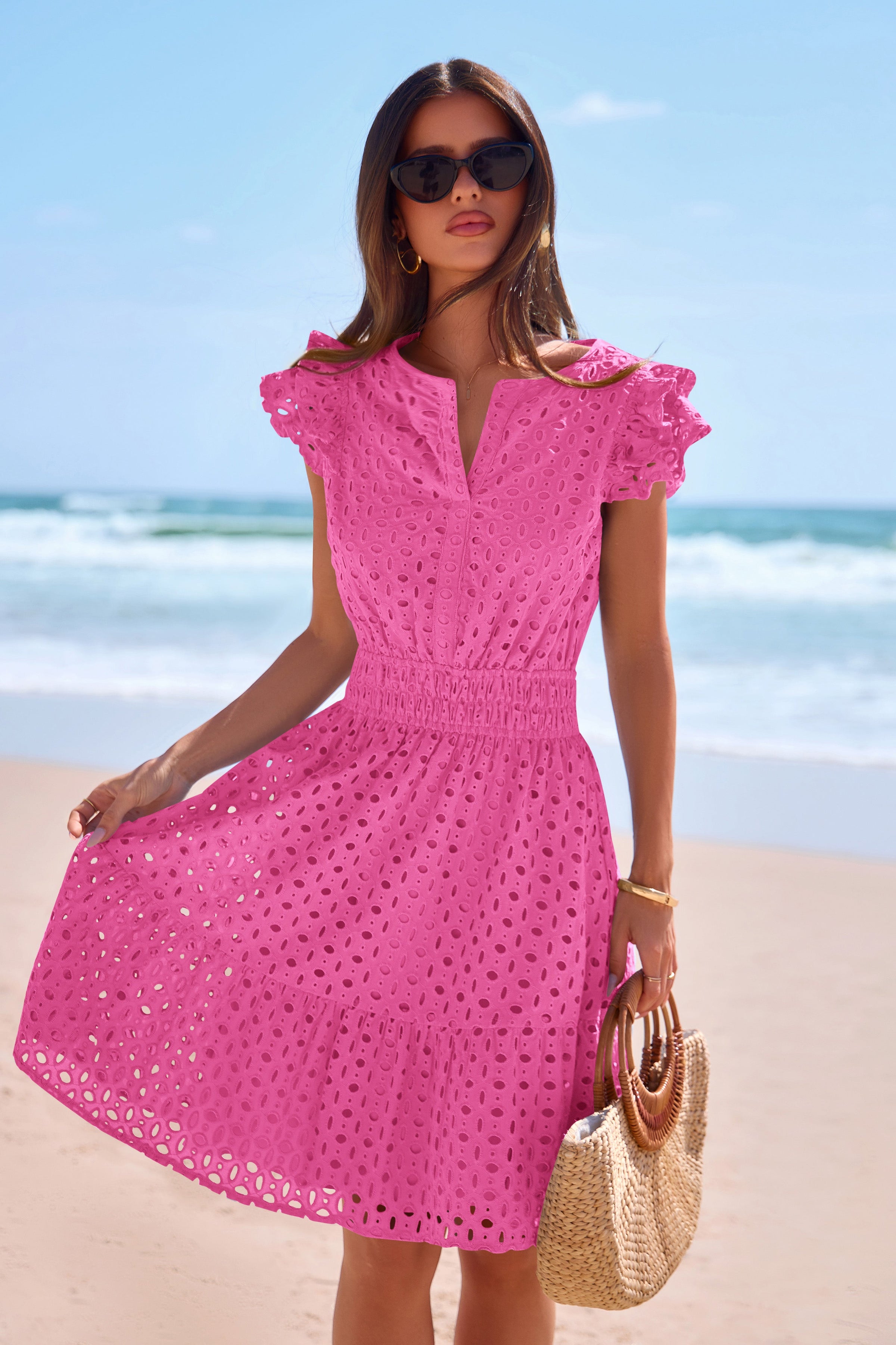 PRETTYGARDEN Women's Summer Sundresses Eyelet Cap Sleeve V Neck Short Boho Wedding Guest Dress Beach Vacation Clothes PRETTYGARDEN