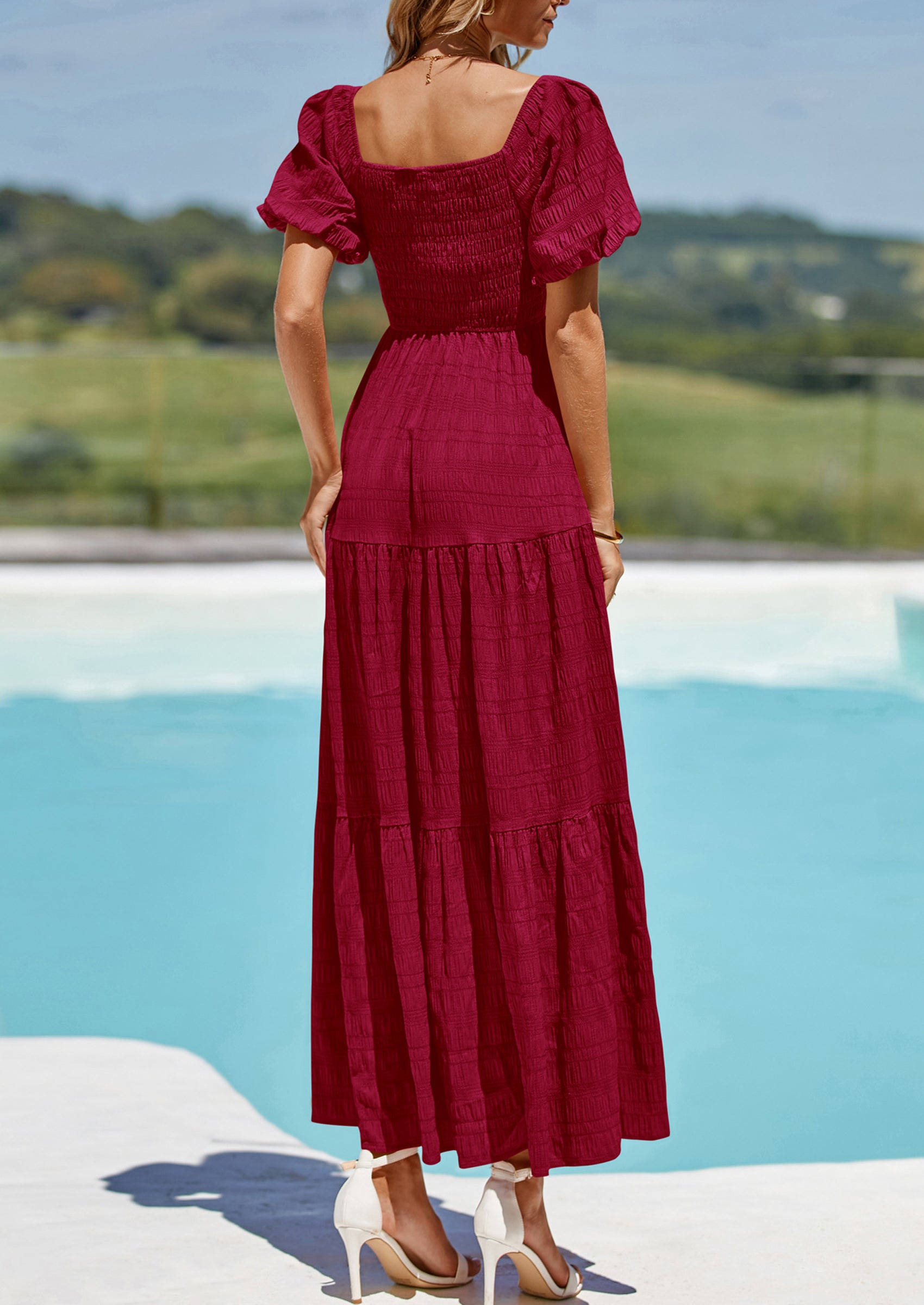 PRETTYGARDEN Womens Summer Puff Short Sleeve Maxi Dress Square Neck Smocked Tiered Ruffle A Line Long Flowy Beach Dresses