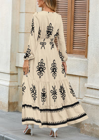 PRETTYGARDEN Women's Fall Wedding Guest Dresses Boho Floral Long Sleeve V Neck Flowy Elegant Maxi Dress Beach Clothes