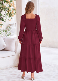 PRETTYGARDEN Fall Wedding Guest Dresses for Women Long Sleeve Square Neck Tiered A Line Modest Elegant Flowy Dresses