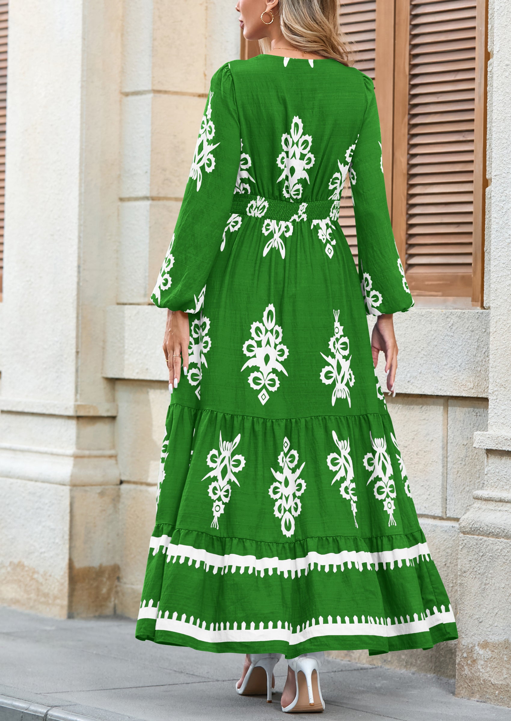 PRETTYGARDEN Women's Fall Wedding Guest Dresses Boho Floral Long Sleeve V Neck Flowy Elegant Maxi Dress Beach Clothes