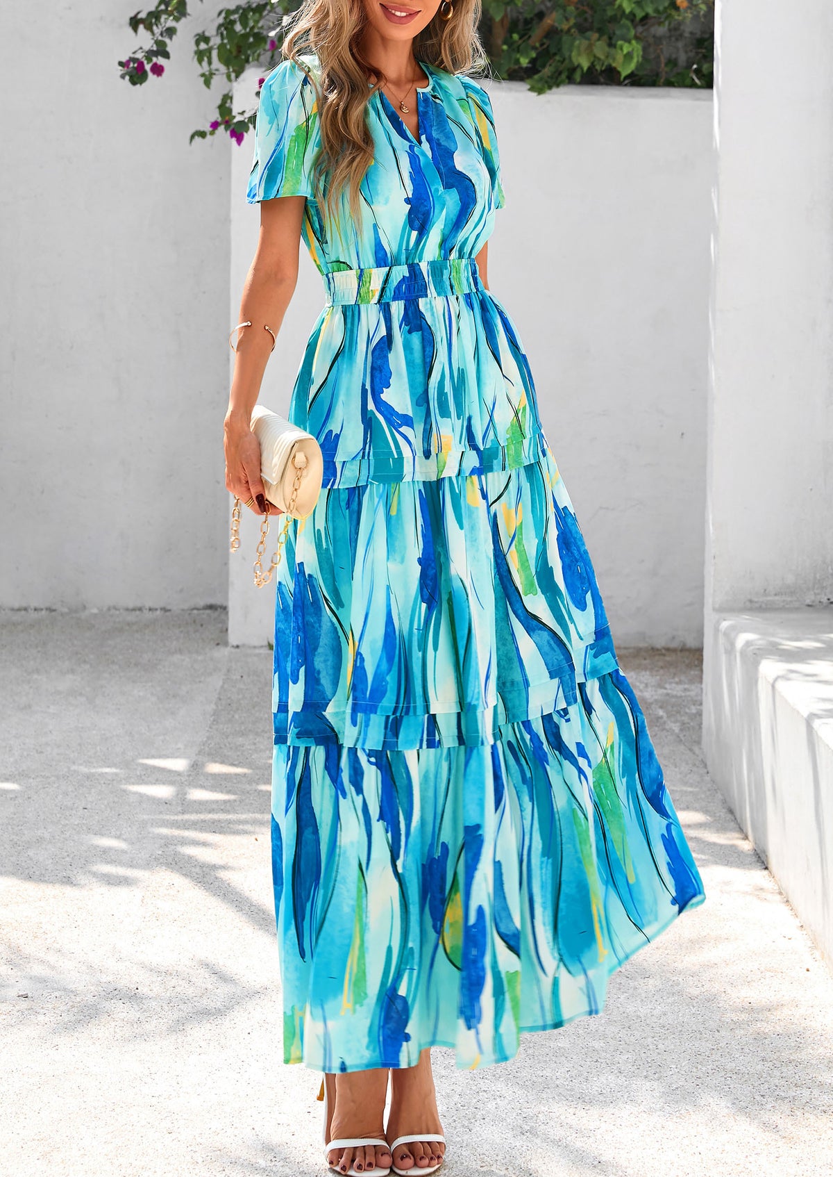 Summer Boho Floral Short Sleeve V Neck A Line Tiered Ruffle Flowy Long Beach Vacation Maxi Dresses