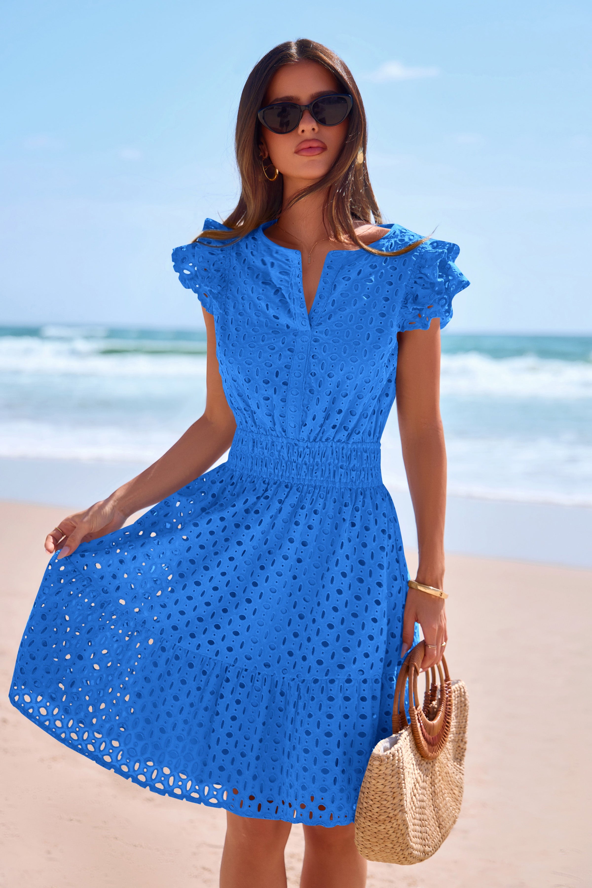 PRETTYGARDEN Women's Summer Sundresses Eyelet Cap Sleeve V Neck Short Boho Wedding Guest Dress Beach Vacation Clothes PRETTYGARDEN