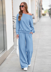 PRETTYGARDEN Womens 2 Piece Casual Matching Lounge Sets  Fashion Off the Shoulder Sweatshirt, Wide Leg Pants with Pockets, Comfy Airport Travel Outfit, 2026 Trendy Fall Set