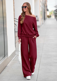 PRETTYGARDEN Womens 2 Piece Casual Matching Lounge Sets  Fashion Off the Shoulder Sweatshirt, Wide Leg Pants with Pockets, Comfy Airport Travel Outfit, 2026 Trendy Fall Set