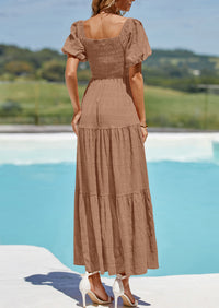 PRETTYGARDEN Womens Summer Puff Short Sleeve Maxi Dress Square Neck Smocked Tiered Ruffle A Line Long Flowy Beach Dresses