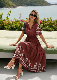 PRETTYGARDEN Women's Summer Boho Maxi Dress Spring Floral Short Sleeve V Neck A Line Flowy Beach Wedding Guest Dresses PRETTYGARDEN