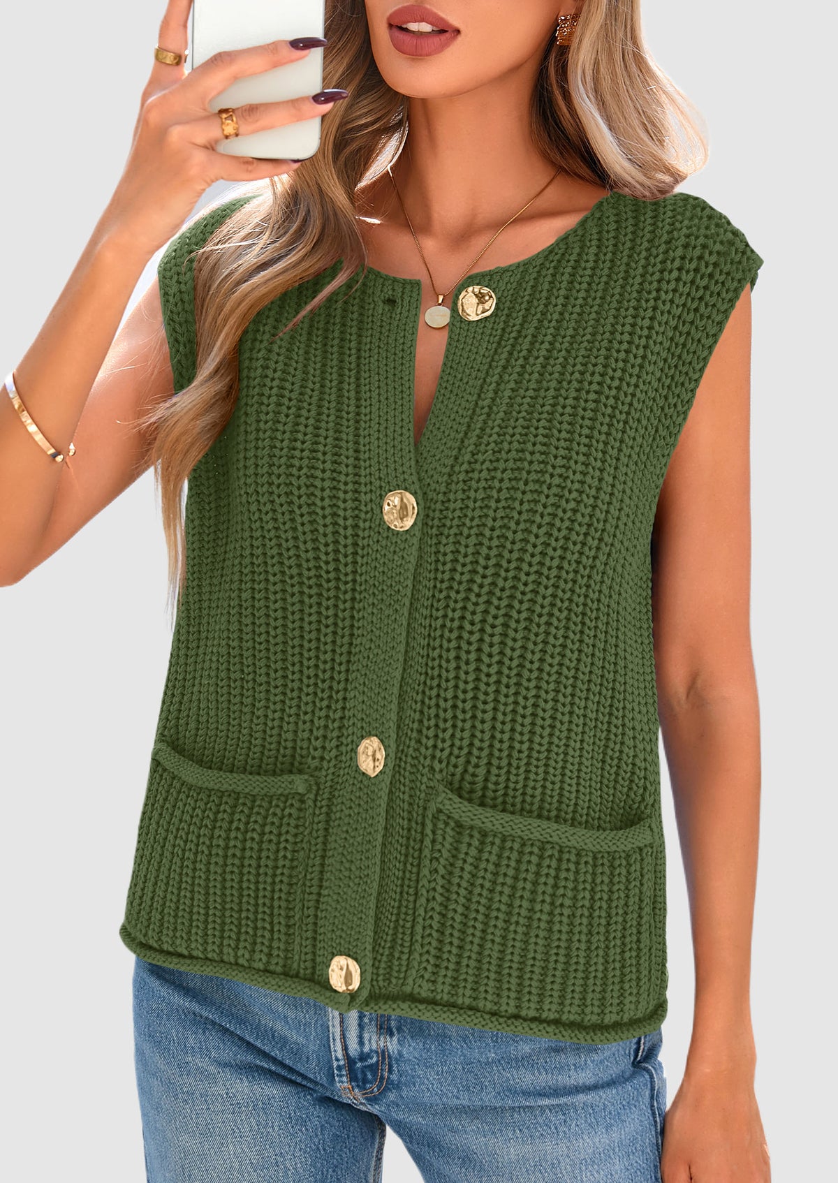 Sleeveless Button Down Cropped Chunky Knit Cardigan Trendy Tank Tops with Pockets