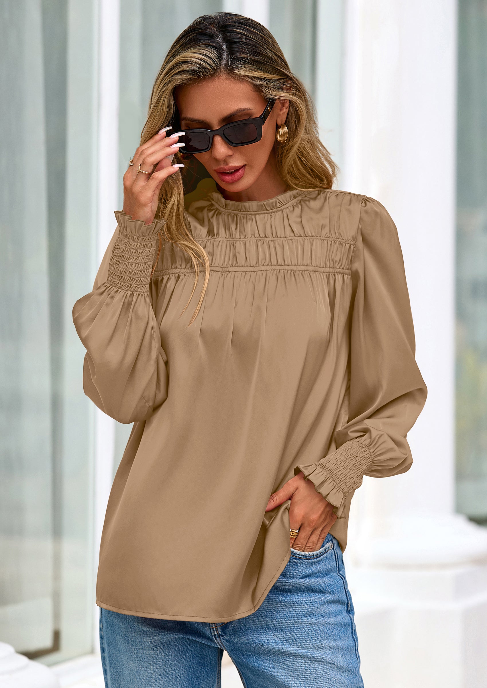 PRETTYGARDEN Blouses for Women Dressy Casual Fall Outfits Frill Neck Long Sleeve Shirts Satin Work Business Casual Tops