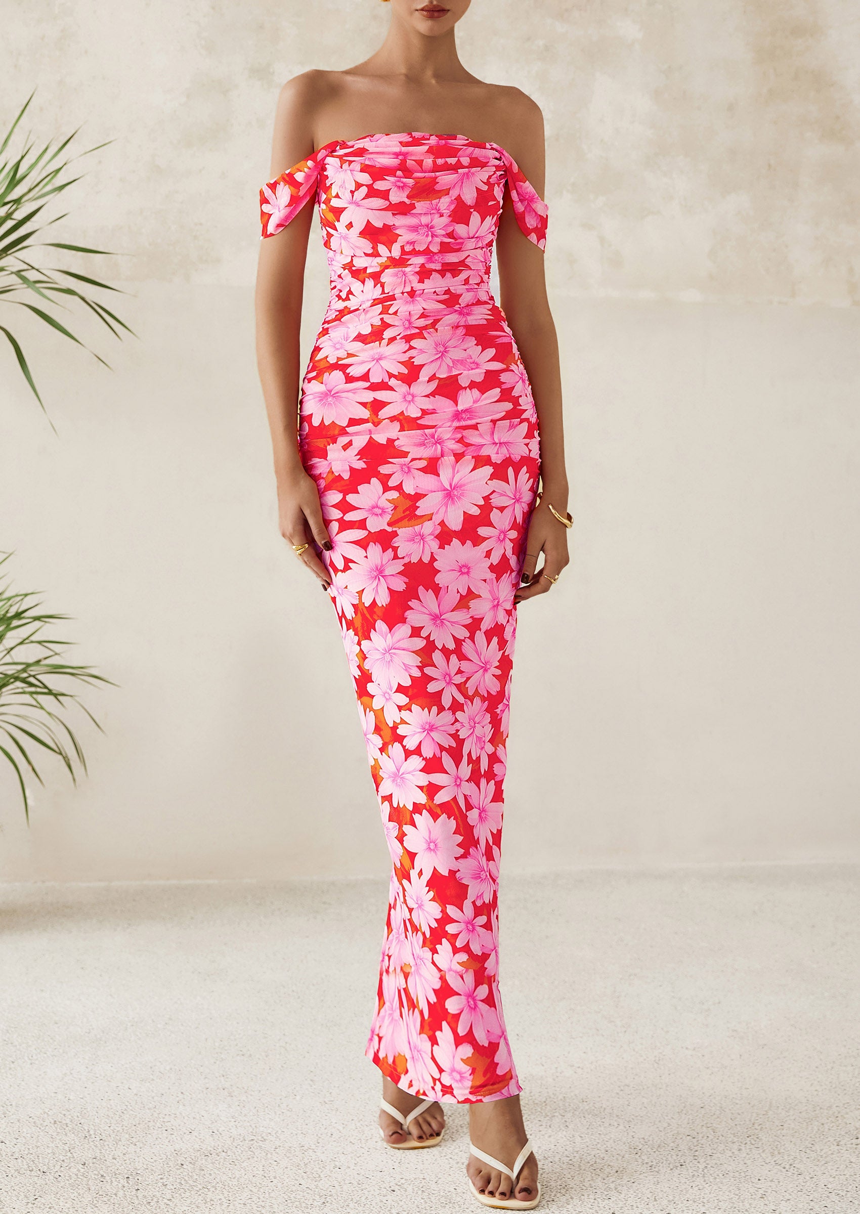 PRETTYGARDEN Maxi Dresses for Women Summer Elegant Floral Off Shoulder Ruched Mesh Cocktail Wedding Guest Dress